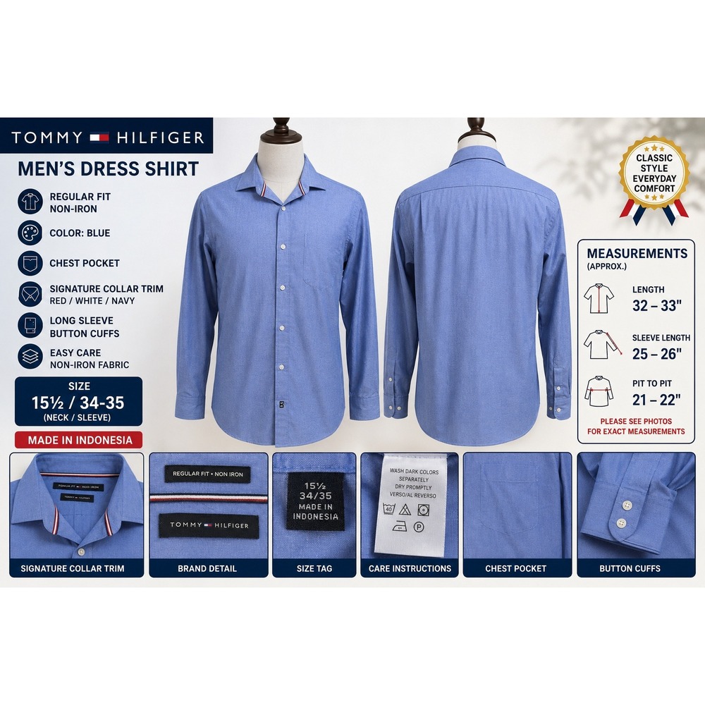 Tommy Hilfiger Mens Dress Shirt Blue Regular Fit Non-Iron 15.5 34/35 Long Sleeve